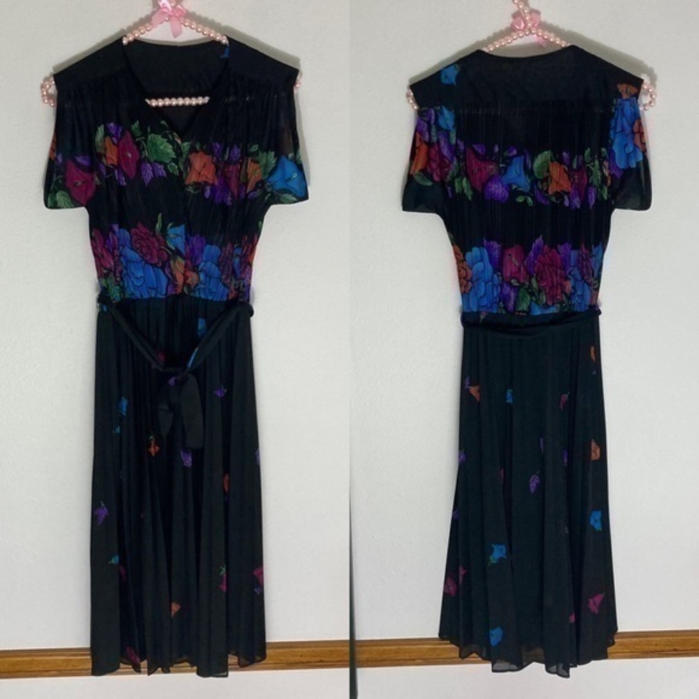 Vintage sheer black floral dress with belt tie